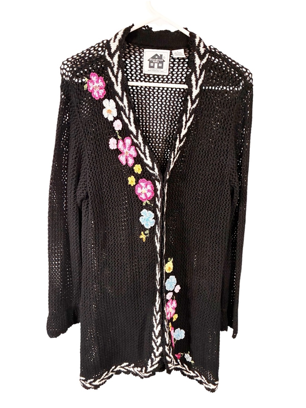Storybook Knits Black Open Knit Multi Color Floral Embroidered Cardigan Sweater